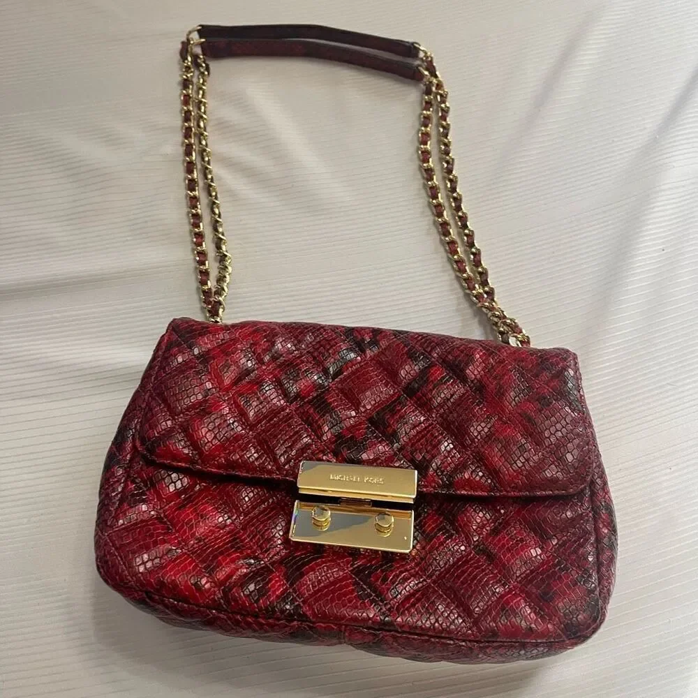 Michael Kors Sloan Red Leather Snakeskin Print Purse
